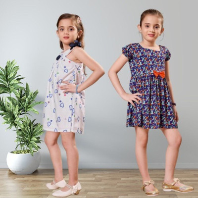 vavacration Baby Girls Midi/Knee Length Casual Dress(Blue, White, Cap Sleeve)