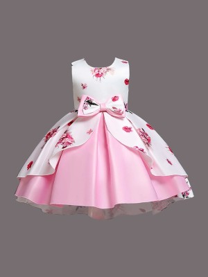 BRIHNNALA Indi Girls Midi/Knee Length Casual Dress(Pink, Sleeveless)