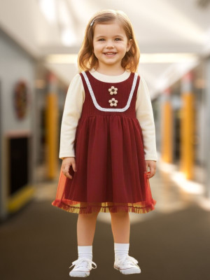 salvia Indi Girls Midi/Knee Length Casual Dress(Maroon, Full Sleeve)