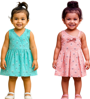 RANGBASANTI Indi Girls Midi/Knee Length Casual Dress(Light Green, Pink, Sleeveless)