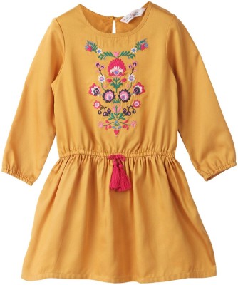 BEEBAY Indi Girls Midi/Knee Length Party Dress(Yellow, Full Sleeve)