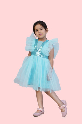 Bella Moda Girls Midi/Knee Length Party Dress(Light Blue, Short Sleeve)