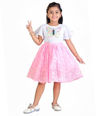 Worton Fashion Baby Girls Below Knee Party Dress(Pink, Cap Sleeve)