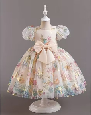 LAADO FASHION SHOP Girls Midi/Knee Length Party Dress(Beige, Short Sleeve)