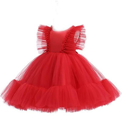 Klowvila Fashion Girls Midi/Knee Length Festive/Wedding Dress(Red, Sleeveless)