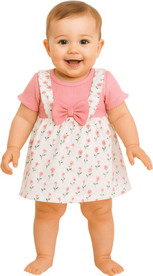 POSHIKHA Indi Girls Midi/Knee Length Festive/Wedding Dress(Pink, White, Short Sleeve)