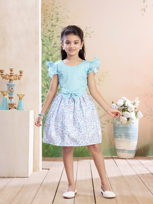Aarika Girls Midi/Knee Length Casual Dress(Light Blue, Cap Sleeve)