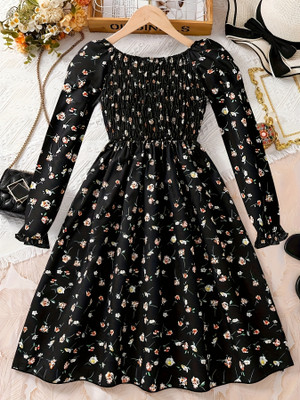 Ethit Indi Girls Midi/Knee Length Casual Dress(Black, Multicolor, Full Sleeve)