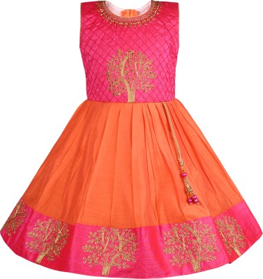 Wishkaro Girls Midi/Knee Length Festive/Wedding Dress(Orange, Sleeveless)