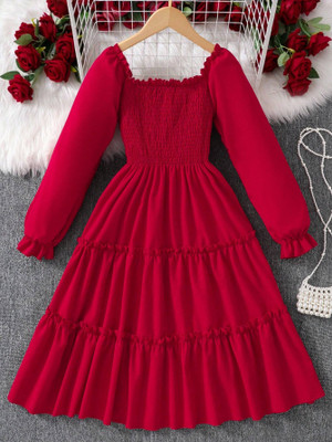 Ethit Indi Girls Midi/Knee Length Casual Dress(Red, Full Sleeve)