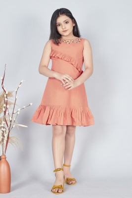 Mirrow Trade Girls Midi/Knee Length Casual Dress(Orange, Sleeveless)