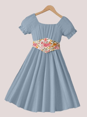 VARDA CREATION Girls Midi/Knee Length Casual Dress(Light Blue, Short Sleeve)