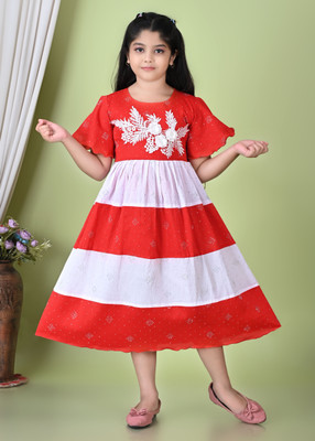 Z STAR STYLE Indi Girls Calf Length Casual Dress(Red, Half Sleeve)