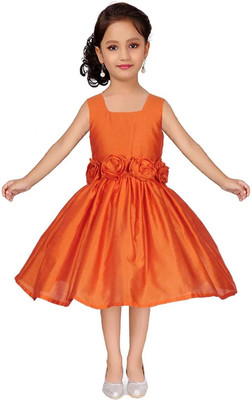 Wish littlle Girls Midi/Knee Length Party Dress(Orange, Sleeveless)