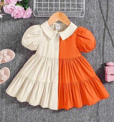 VAVA Creation Girls Below Knee Casual Dress(Orange, White, Half Sleeve)