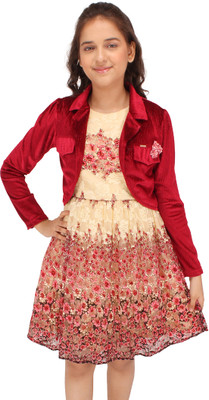 Cutecumber Girls Midi/Knee Length Party Dress(Maroon, Full Sleeve)