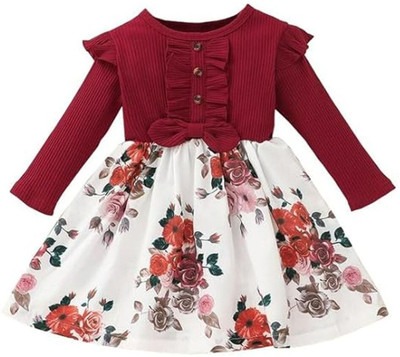 FOSTRIC Indi Baby Girls Midi/Knee Length Casual Dress(Red, Short Sleeve)