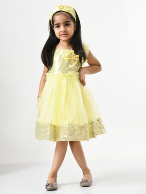 Bella Moda Indi Girls Midi/Knee Length Party Dress(Yellow, Sleeveless)