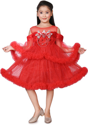 af fashion Indi Girls Above Knee Casual Dress(Red, Sleeveless)