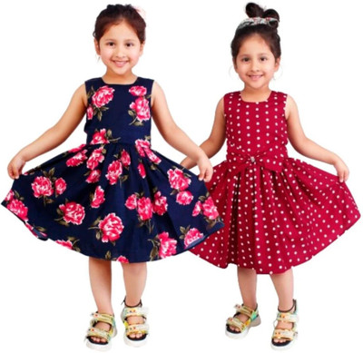 HouseOfCommon Girls Below Knee Casual Dress(Multicolor, Sleeveless)
