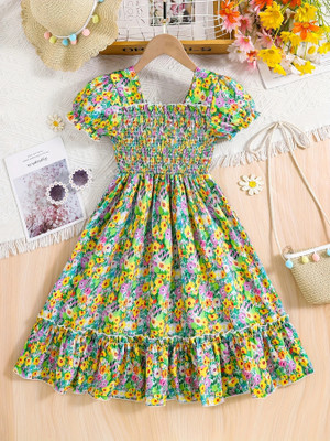 Sheetal Associates Indi Girls Midi/Knee Length Casual Dress(Black, Beige, Short Sleeve)