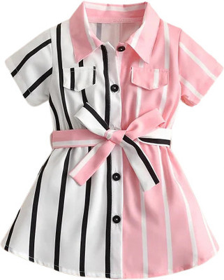 LEERUKA Girls Below Knee Casual Dress(Pink, Short Sleeve)