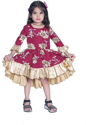 Wish Littles Girls Midi/Knee Length Party Dress(Maroon, 3/4 Sleeve)