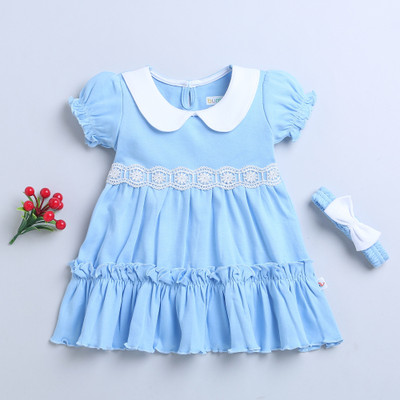 BUMZEE Baby Girls Above Knee Casual Dress(Light Blue, Half Sleeve)