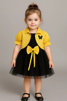 RupMilanKolkata Baby Girls Mini/Short Party Dress(Yellow, Black, Short Sleeve)