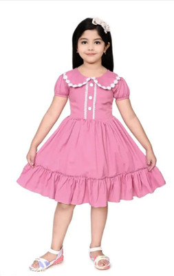 SAFASIJA Girls Midi/Knee Length Casual Dress(Pink, Short Sleeve)