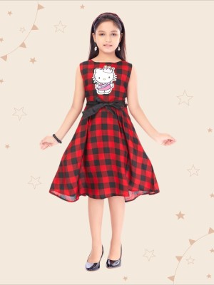 Kidotsav Indi Girls Midi/Knee Length Party Dress(Red, Sleeveless)