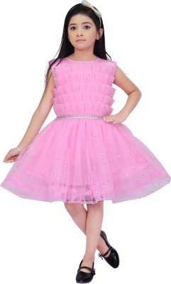 Ismailgarments Indi Girls Midi/Knee Length Party Dress(Pink, Sleeveless)