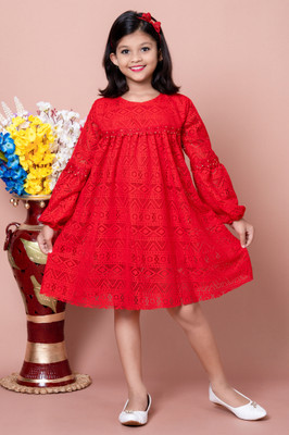 TAILORWOMEN Indi Girls Midi/Knee Length Party Dress(Red, Full Sleeve)