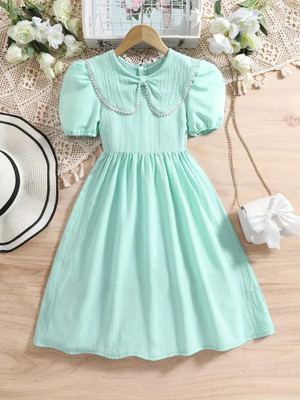 Style Connect Indi Girls Midi/Knee Length Party Dress(Green, Short Sleeve)