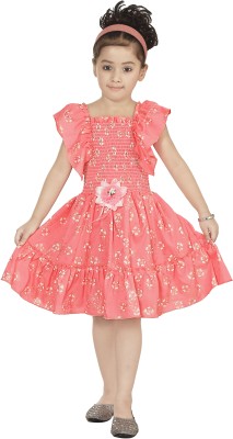 Mahzabin Dress Girls Midi/Knee Length Casual Dress(Pink, Fashion Sleeve)