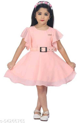RKTM Girls Midi/Knee Length Party Dress(Pink, Fashion Sleeve)
