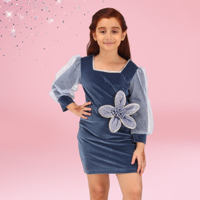 Cutecumber Indi Girls Midi/Knee Length Casual Dress(Blue, Full Sleeve)