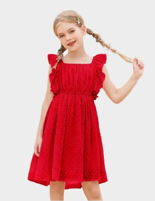 Kanak enterprises10 Girls Above Knee Casual Dress(Red, Sleeveless)