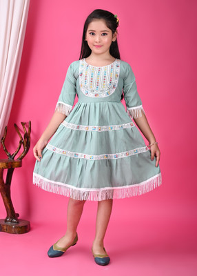 KF Kolkata Fashion Girls Midi/Knee Length Festive/Wedding Dress(Light Green, 3/4 Sleeve)
