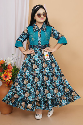 Smsarful Girls Maxi/Full Length Party Dress(Multicolor, 3/4 Sleeve)