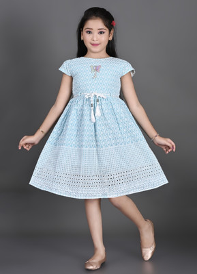 FANTABULASTIC Indi Girls Below Knee Festive/Wedding Dress(Light Blue, Short Sleeve)