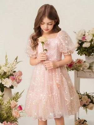 MANSI FASHION Girls Midi/Knee Length Party Dress(Pink, Short Sleeve)