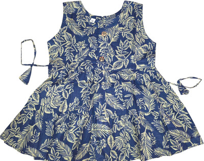 Little Dreams Indi Girls Below Knee Casual Dress(Blue, Sleeveless)