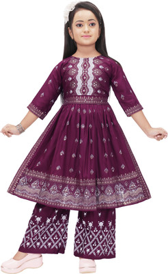 Zenat Girls Festive & Party Kurta and Palazzo Set(Purple Pack of 1)