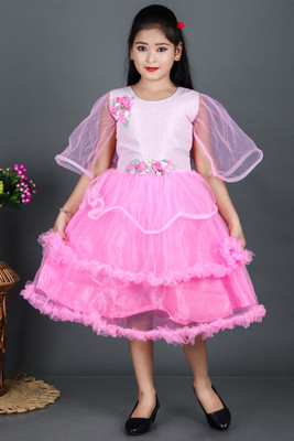 MH fashion Girls Midi/Knee Length Party Dress(Pink, 3/4 Sleeve)