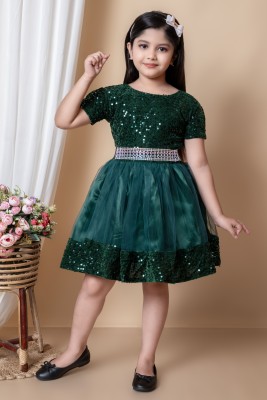 STYLE IQ Girls Midi/Knee Length Party Dress(Green, Short Sleeve)