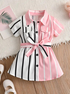 LEERUKA Girls Above Knee Casual Dress(Pink, Short Sleeve)