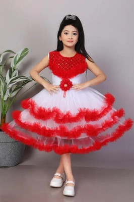 IFA FASHION Girls Calf Length Party Dress(Red, White, Sleeveless)