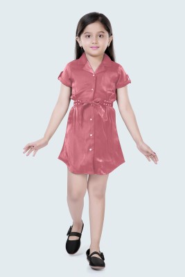 HUNNY BUNNY Girls Midi/Knee Length Casual Dress(Pink, Short Sleeve)