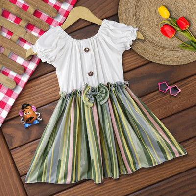 JIYAN FASHION WORLD Girls Midi/Knee Length Casual Dress(Green, Short Sleeve)